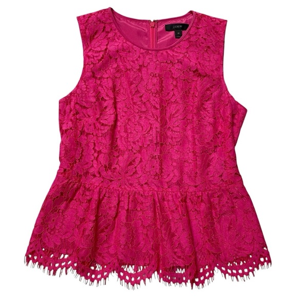 J.Crew Petite Peplum Lace Sleeveless Blouse 2P Bright Pink Eyelash Trim - Picture 3 of 16